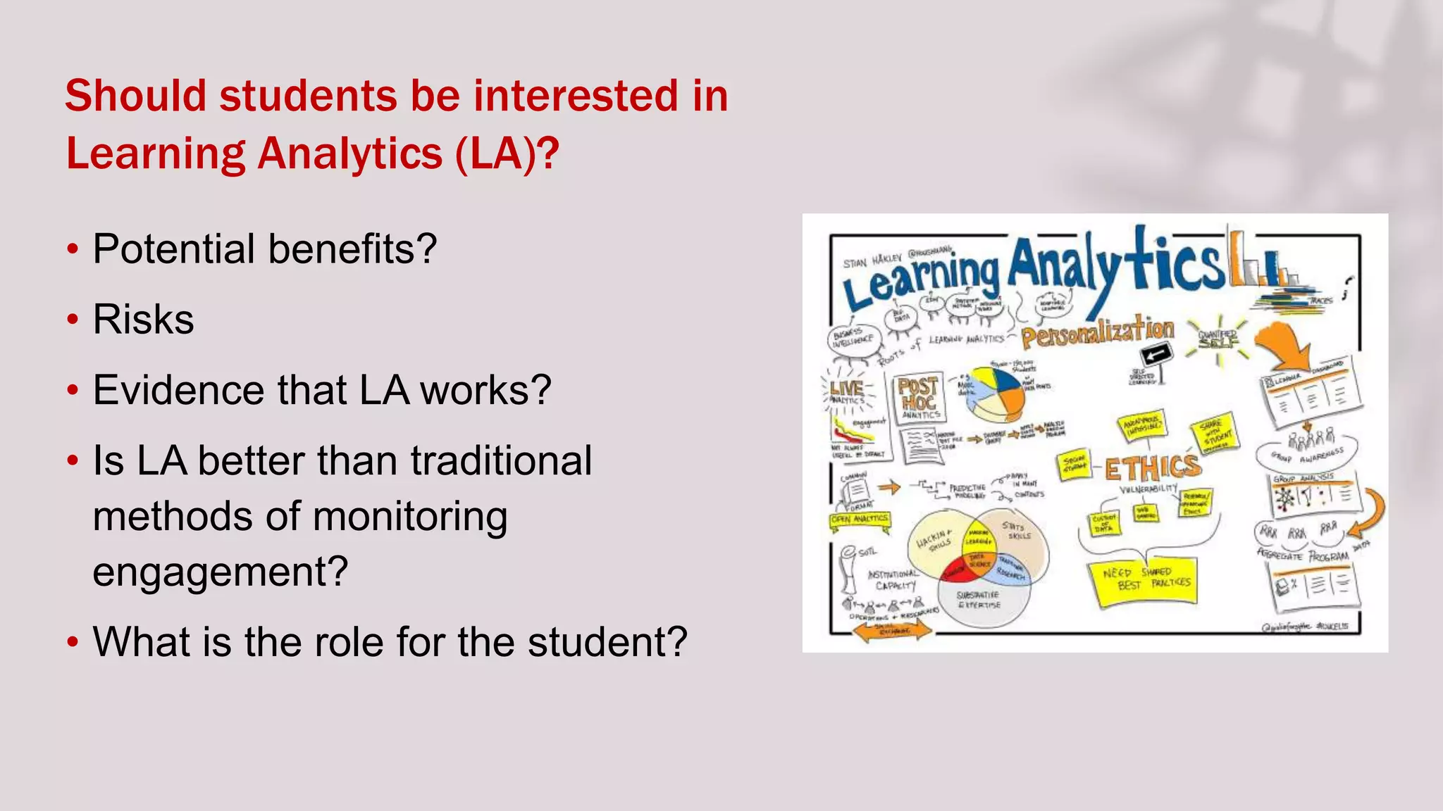Should students be interested in
Learning Analytics (LA)?
• Potential benefits?
• Risks
• Evidence that LA works?
• Is LA better than traditional
methods of monitoring
engagement?
• What is the role for the student?
 