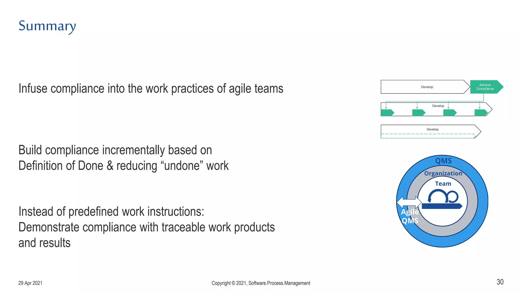 Summary
30
Infuse compliance into the work practices of agile teams
Build compliance incrementally based on
Definition of Done & reducing “undone” work
Instead of predefined work instructions:
Demonstrate compliance with traceable work products
and results
Develop
Achieve
Compliance
Develop
Develop
29 Apr 2021 Copyright © 2021, Software.Process.Management
 