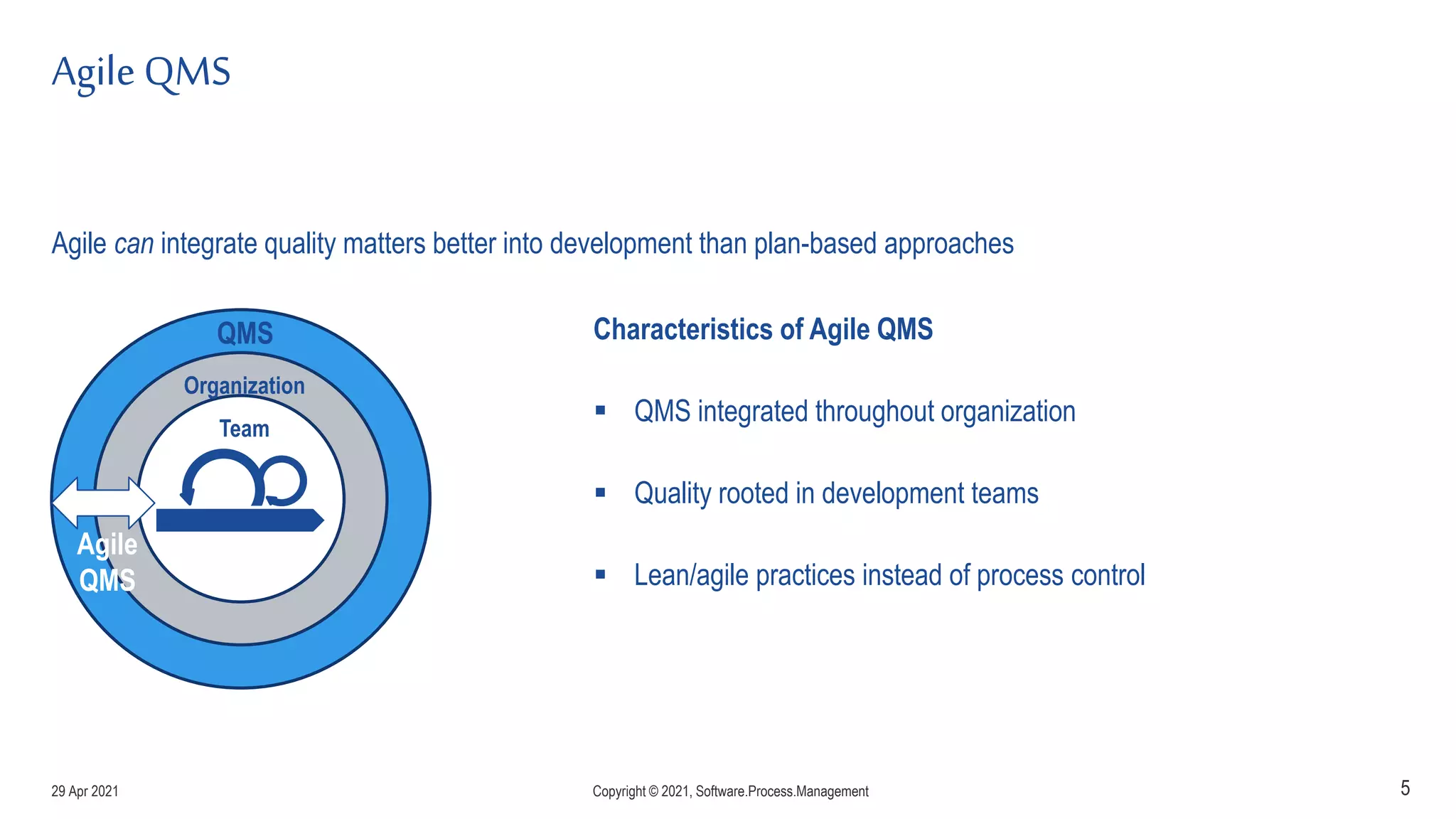 Agile QMS
5
QMS
Organization
Agile
QMS
Team
Agile can integrate quality matters better into development than plan-based approaches
Characteristics of Agile QMS
 QMS integrated throughout organization
 Quality rooted in development teams
 Lean/agile practices instead of process control
29 Apr 2021 Copyright © 2021, Software.Process.Management
 