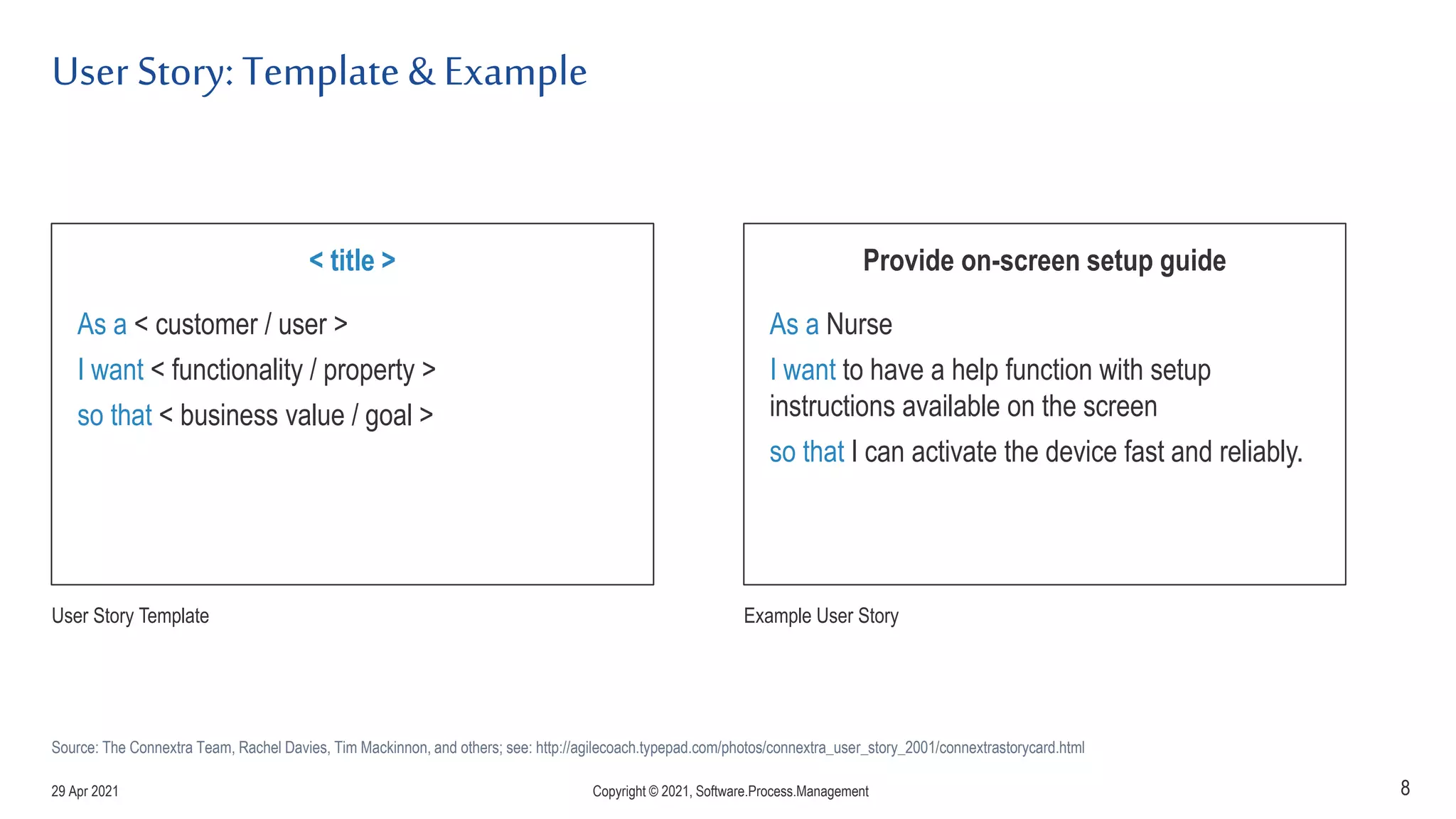 User Story: Template& Example
8
< title >
As a < customer / user >
I want < functionality / property >
so that < business value / goal >
User Story Template
Provide on-screen setup guide
As a Nurse
I want to have a help function with setup
instructions available on the screen
so that I can activate the device fast and reliably.
Example User Story
Source: The Connextra Team, Rachel Davies, Tim Mackinnon, and others; see: http://agilecoach.typepad.com/photos/connextra_user_story_2001/connextrastorycard.html
29 Apr 2021 Copyright © 2021, Software.Process.Management
 
