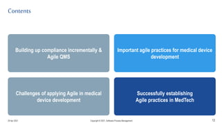 Contents
12
Building up compliance incrementally &
Agile QMS
Challenges of applying Agile in medical
device development
Important agile practices for medical device
development
Successfully establishing
Agile practices in MedTech
29 Apr 2021 Copyright © 2021, Software.Process.Management
 