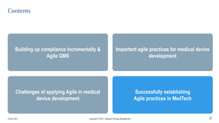 Contents
27
Building up compliance incrementally &
Agile QMS
Challenges of applying Agile in medical
device development
Important agile practices for medical device
development
Successfully establishing
Agile practices in MedTech
29 Apr 2021 Copyright © 2021, Software.Process.Management
 