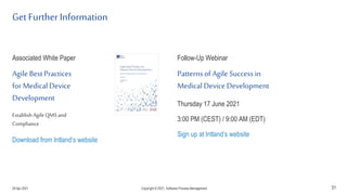 Get Further Information
Associated White Paper
Agile Best Practices
for Medical Device
Development
EstablishAgile QMSand
Compliance
Download from Intland’s website
Follow-Up Webinar
Patterns of Agile Success in
Medical Device Development
Thursday 17 June 2021
3:00 PM (CEST) / 9:00 AM (EDT)
Sign up at Intland’s website
31
29 Apr 2021 Copyright © 2021, Software.Process.Management
 
