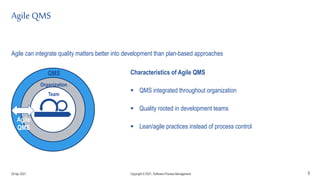 Agile QMS
5
QMS
Organization
Agile
QMS
Team
Agile can integrate quality matters better into development than plan-based approaches
Characteristics of Agile QMS
 QMS integrated throughout organization
 Quality rooted in development teams
 Lean/agile practices instead of process control
29 Apr 2021 Copyright © 2021, Software.Process.Management
 