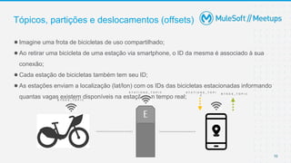 10
Tópicos, partições e deslocamentos (offsets)
E
B Y K E S _ T O P I C
S T A T I O N S _ T O P I C
●Imagine uma frota de bicicletas de uso compartilhado;
●Ao retirar uma bicicleta de uma estação via smartphone, o ID da mesma é associado à sua
conexão;
●Cada estação de bicicletas também tem seu ID;
●As estações enviam a localização (lat/lon) com os IDs das bicicletas estacionadas informando
quantas vagas existem disponíveis na estação em tempo real;
B Y K E S _ T O P I C
S T A T I O N S _ T O P I
C
 