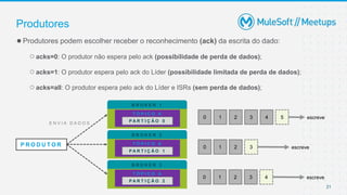 21
●Produtores podem escolher receber o reconhecimento (ack) da escrita do dado:
○acks=0: O produtor não espera pelo ack (possibilidade de perda de dados);
○acks=1: O produtor espera pelo ack do Líder (possibilidade limitada de perda de dados);
○acks=all: O produtor espera pelo ack do Líder e ISRs (sem perda de dados);
Produtores
P R O D U T O R
B R O K E R 1
T Ó P I C O A
P A R T I Ç Ã O 0
B R O K E R 2
T Ó P I C O A
P A R T I Ç Ã O 1
B R O K E R 3
T Ó P I C O A
P A R T I Ç Ã O 2
E N V I A D A D O S
0 escreve
1 2 3 4 5
0 escreve
1 2 3
0 escreve
1 2 3 4
 