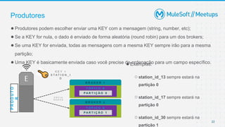 22
●Produtores podem escolher enviar uma KEY com a mensagem (string, number, etc);
●Se a KEY for nula, o dado é enviado de forma aleatória (round robin) para um dos brokers;
●Se uma KEY for enviada, todas as mensagens com a mesma KEY sempre irão para a mesma
partição;
●Uma KEY é basicamente enviada caso você precise de ordenação para um campo específico.
Produtores
B R O K E R 1
T Ó P I C O A
P A R T I Ç Ã O 0
B R O K E R 2
T Ó P I C O A
P A R T I Ç Ã O 1
E N V I A
D A D O S
E
P
R
O
D
U
T
O
R
●Exemplos:
○station_id_13 sempre estará na
partição 0
○station_id_17 sempre estará na
partição 0
○station_id_30 sempre estará na
partição 1
K E Y =
S T AT I O N _ I
D
 