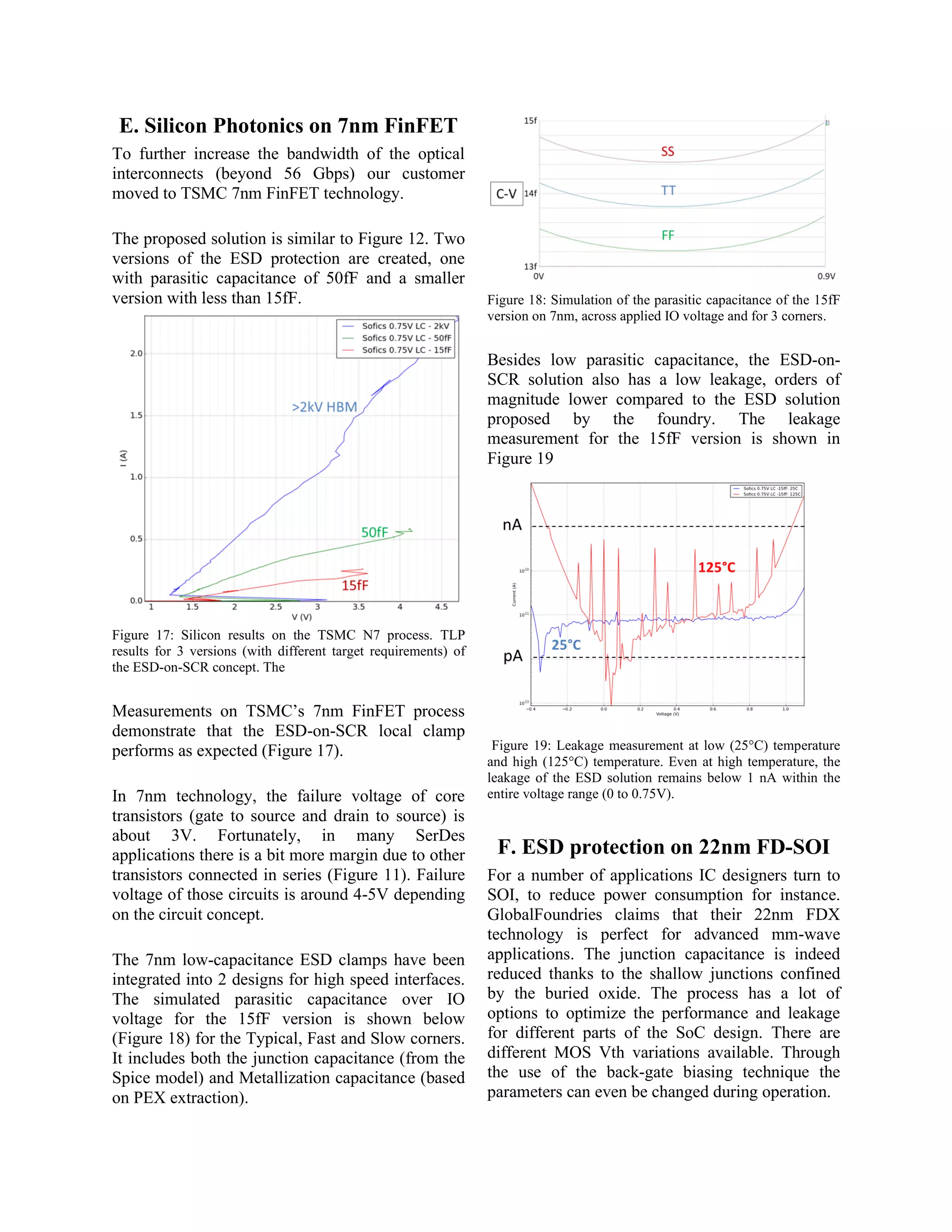 E. Silicon Photonics on 7nm FinFET
To further increase the bandwidth of the optical
interconnects (beyond 56 Gbps) our customer
moved to TSMC 7nm FinFET technology.
The proposed solution is similar to Figure 12. Two
versions of the ESD protection are created, one
with parasitic capacitance of 50fF and a smaller
version with less than 15fF.
Figure 17: Silicon results on the TSMC N7 process. TLP
results for 3 versions (with different target requirements) of
the ESD-on-SCR concept. The
Measurements on TSMC’s 7nm FinFET process
demonstrate that the ESD-on-SCR local clamp
performs as expected (Figure 17).
In 7nm technology, the failure voltage of core
transistors (gate to source and drain to source) is
about 3V. Fortunately, in many SerDes
applications there is a bit more margin due to other
transistors connected in series (Figure 11). Failure
voltage of those circuits is around 4-5V depending
on the circuit concept.
The 7nm low-capacitance ESD clamps have been
integrated into 2 designs for high speed interfaces.
The simulated parasitic capacitance over IO
voltage for the 15fF version is shown below
(Figure 18) for the Typical, Fast and Slow corners.
It includes both the junction capacitance (from the
Spice model) and Metallization capacitance (based
on PEX extraction).
Figure 18: Simulation of the parasitic capacitance of the 15fF
version on 7nm, across applied IO voltage and for 3 corners.
Besides low parasitic capacitance, the ESD-on-
SCR solution also has a low leakage, orders of
magnitude lower compared to the ESD solution
proposed by the foundry. The leakage
measurement for the 15fF version is shown in
Figure 19
Figure 19: Leakage measurement at low (25°C) temperature
and high (125°C) temperature. Even at high temperature, the
leakage of the ESD solution remains below 1 nA within the
entire voltage range (0 to 0.75V).
F. ESD protection on 22nm FD-SOI
For a number of applications IC designers turn to
SOI, to reduce power consumption for instance.
GlobalFoundries claims that their 22nm FDX
technology is perfect for advanced mm-wave
applications. The junction capacitance is indeed
reduced thanks to the shallow junctions confined
by the buried oxide. The process has a lot of
options to optimize the performance and leakage
for different parts of the SoC design. There are
different MOS Vth variations available. Through
the use of the back-gate biasing technique the
parameters can even be changed during operation.
 