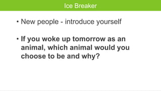 Ice Breaker
• New people - introduce yourself
• If you woke up tomorrow as an
animal, which animal would you
choose to be ...