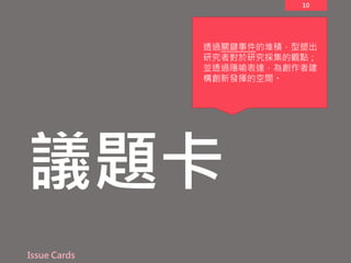 10
議題卡
Issue Cards
透過關鍵事件的堆積，型塑出
研究者對於研究採集的觀點；
並透過隱喻表達，為創作者建
構創新發揮的空間。
 