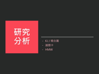 - KJ / 親合圖
- 議題卡
- HMW
研究
分析
 