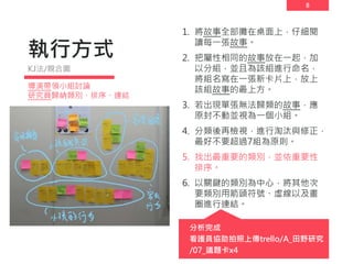 8
執行方式
1. 將故事全部攤在桌面上，仔細閱
讀每一張故事。
2. 把屬性相同的故事放在一起，加
以分組，並且為該組進行命名，
將組名寫在一張新卡片上，放上
該組故事的最上方。
3. 若出現單張無法歸類的故事，應
原封不動並視為一個小組。
4. 分類後再檢視，進行淘汰與修正，
最好不要超過7組為原則。
5. 找出最重要的類別，並依重要性
排序。
6. 以關鍵的類別為中心，將其他次
要類別用箭頭符號、虛線以及畫
圈進行連結。
KJ法/親合圖
分析完成
看護員協助拍照上傳trello/A_田野研究
/07_議題卡x4
導演帶領小組討論
研究員歸納類別、排序、連結
 
