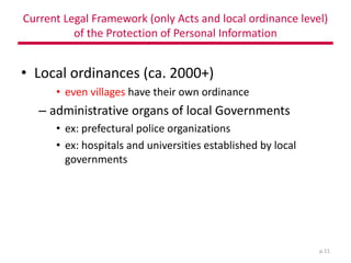 Current Legal Framework (only Acts and local ordinance level)
of the Protection of Personal Information
• Local ordinances...
