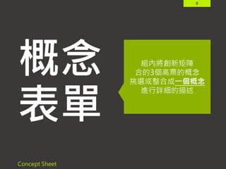8
概念
表單
Concept Sheet
組內將創新矩陣
合的3個高票的概念
挑選或整合成一個概念
進行詳細的描述
 