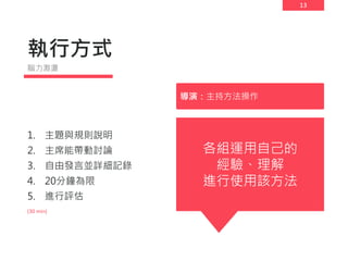13
執行方式
1. 主題與規則說明
2. 主席能帶動討論
3. 自由發言並詳細記錄
4. 20分鐘為限
5. 進行評估
腦力激盪
各組運用自己的
經驗、理解
進行使用該方法
(30 min)
導演：主持方法操作
 