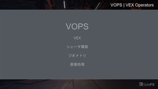 VOPS | VEX Operators
VOPS
VEX
シェーダ構築
ジオメトリ
画像処理
 