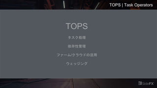 TOPS | Task Operators
TOPS
タスク処理
依存性管理
ファーム/クラウドの活用
ウェッジング
 