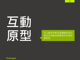 15
互動
原型
Prototype
可以擁有完整互動體驗與設計
甚至呈現產品真實資料的高保
真原型
 
