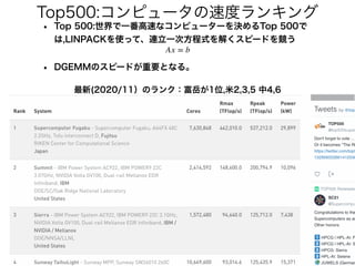 Top500:コンピュータの速度ランキング
• Top 500:世界で一番高速なコンピューターを決めるTop 500で
は,LINPACKを使って、連立一次方程式を解くスピードを競う
• DGEMMのスピードが重要となる。
Ax = b
最新(2020/11）のランク：富岳が1位,米2,3,5 中4,6
 