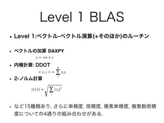 Level 1 BLAS
• Level 1:ベクトル-ベクトル演算(+そのほか)のルーチン
• ベクトルの加算 DAXPY
• 内積計算: DDOT
• 2-ノルム計算
• など15種類あり, さらに単精度, 倍精度, 複素単精度, 複素数倍精
度についての4通りの組み合わせがある.
y ← αx + y
< x, y > =
N
∑
i
xiyi
||x|| =
∑
i
|xi |2
 