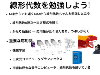 線形代数を勉強しよう!
• いまからでも遅くないから線形代数ちゃんと勉強しとこう
• 線形代数 連立一次方程式を解く
• かなり抽象的 ̶ 応用先がたくさんあり、つぶしが利く
•重要な応用例
• 機械学習
• 三次元コンピュータグラフィックス
• 宇宙は巨大な量子コンピュータ：線形代数を解いている
 