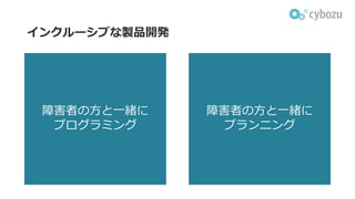インクルーシブな製品開発
障害者の⽅と⼀緒に
プログラミング
障害者の⽅と⼀緒に
プランニング
 