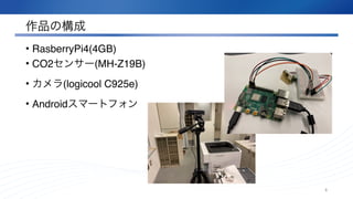 作品の構成
• RasberryPi4(4GB
)

• CO2センサー(MH-Z19B
)

• カメラ(logicool C925e
)

• Androidスマートフォン
6
 