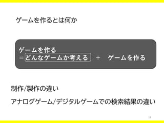 18
ゲームを作るとは何か
制作/製作の違い
アナログゲーム/デジタルゲームでの検索結果の違い
ゲームを作る
＝どんなゲームか考える ＋ ゲームを作る
 