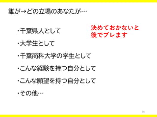 36
誰が→どの立場のあなたが…
・千葉県人として
・大学生として
・千葉商科大学の学生として
・こんな経験を持つ自分として
・こんな願望を持つ自分として
・その他…
決めておかないと
後でブレます
 