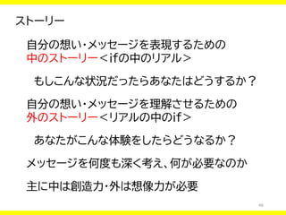 46
ストーリー
自分の想い・メッセージを表現するための
中のストーリー＜ifの中のリアル＞
もしこんな状況だったらあなたはどうするか？
自分の想い・メッセージを理解させるための
外のストーリー＜リアルの中のif＞
あなたがこんな体験をしたらどうなるか？
メッセージを何度も深く考え、何が必要なのか
主に中は創造力・外は想像力が必要
 