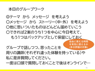 61
本日のグループワーク
◎テーマ から メッセージ を考えよう
〇メッセージ から ストーリー（中・外） を考えよう
〇他に思いついたものはどんどん溜めていこう
〇できれば2案のうち1つを中心に今日考えて、
もう１つはバックアップとして保留にしておく
グループで話しつつ、思ったことを
周りの講師（それぞれ違った体験を持っている）や
私に是非質問してください。
一度は口頭で質問しておくことで後はオンラインで…
自由に使える時間
を有効に使えるか
(多分評価の対象)
 