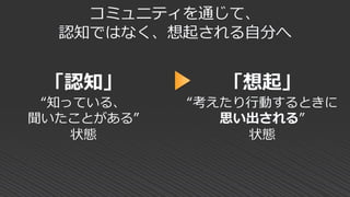 想起
「認知」
“知っている、
聞いたことがある”
状態
「想起」
“考えたり行動するときに
思い出される”
状態
コミュニティを通じて、
認知ではなく、想起される自分へ
 