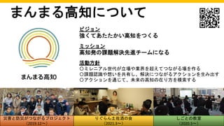ビジョン
強くてあたたかい高知をつくる
ミッション
高知発の課題解決先進チームになる
活動方針
〇ミレニアル世代が立場や業界を超えてつながる場を作る
〇課題認識や想いを共有し、解決につながるアクションを生み出す
〇アクションを通じて、未来の高知の在り方を模索する
まんまる高知について
災害と防災がつながるプロジェクト
（2019.12～）
りぐらん土佐酒の会
（2021.3～）
しごとの教室
（2020.3～）
 