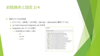 お絵描きと設定 2/4
 設定ファイルの作成
 [ファイル] → [新規] → [その他] → [Spring] → [Spring Bean 構成ファイル]
 src/main/resources/integration.xml を作成
 Integration.xml ファイルを開く
 [名前空間] を3つ選択して保存
 Int
 Int-feed
 Int-file
 