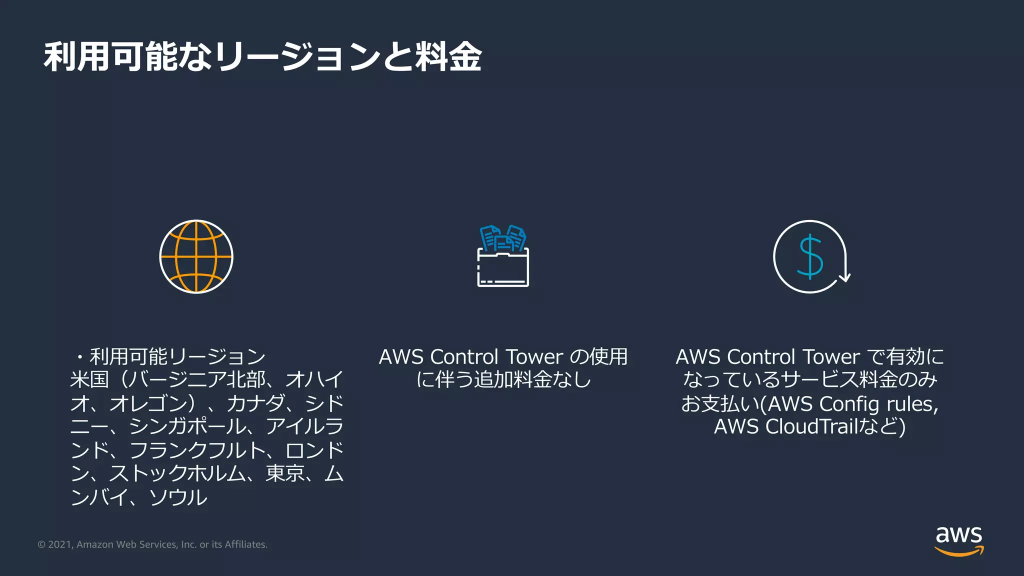 © 2021, Amazon Web Services, Inc. or its Affiliates.
利⽤可能なリージョンと料⾦
・利⽤可能リージョン
⽶国（バージニア北部、オハイ
オ、オレゴン）、カナダ、シド
ニー、シンガポール、アイルラ
ンド、フランクフルト、ロンド
ン、ストックホルム、東京、ム
ンバイ、ソウル
AWS Control Tower で有効に
なっているサービス料⾦のみ
お⽀払い(AWS Config rules,
AWS CloudTrailなど)
AWS Control Tower の使⽤
に伴う追加料⾦なし
 