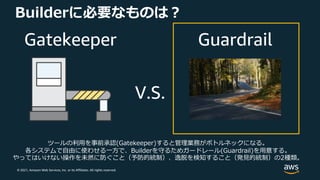 © 2021, Amazon Web Services, Inc. or its Affiliates. All rights reserved.
Builderに必要なものは︖
Gatekeeper Guardrail
V.S.
ツールの利⽤を事前承認(Gatekeeper)すると管理業務がボトルネックになる。
各システムで⾃由に使わせる⼀⽅で、Builderを守るためガードレール(Guardrail)を⽤意する。
やってはいけない操作を未然に防ぐこと（予防的統制）、逸脱を検知すること（発⾒的統制）の2種類。
 