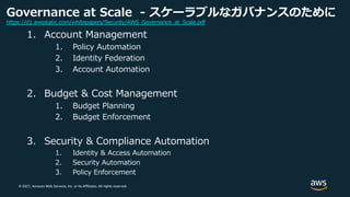 © 2021, Amazon Web Services, Inc. or its Affiliates. All rights reserved.
Governance at Scale - スケーラブルなガバナンスのために
1. Account Management
1. Policy Automation
2. Identity Federation
3. Account Automation
2. Budget & Cost Management
1. Budget Planning
2. Budget Enforcement
3. Security & Compliance Automation
1. Identity & Access Automation
2. Security Automation
3. Policy Enforcement
https://d1.awsstatic.com/whitepapers/Security/AWS_Governance_at_Scale.pdf
 