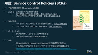 © 2021, Amazon Web Services, Inc. or its Affiliates. All rights reserved.
⽤語: Service Control Policies (SCPs)
• 予防的統制に使えるOrganizationsの機能
• AWS サービスAPIのアクセス可否を制御
- 許可されるAPI呼び出しを定義 – ホワイトリスティング
- ブロックされるAPI呼び出しを定義 – ブラックリスティング
• SCPの特徴
• すべてのメンバーアカウントから設定が⾒えない。rootユーザを含む
• すべてのメンバーアカウントに適⽤される。rootユーザを含む
• パーミッション
• SCPとIAMパーミッションのANDを取る
• IAM policy simulator は SCP を認識する
• 注意
• Organizations Management Account には適⽤されない
• 1つのOUやアカウントに対してアタッチ可能なSCPは最⼤5つ
https://docs.aws.amazon.com/ja_jp/organizations/latest/userguide/orgs_manage_policies_scps.html
https://docs.aws.amazon.com/ja_jp/organizations/latest/userguide/orgs_reference_limits.html#min-max-values
 