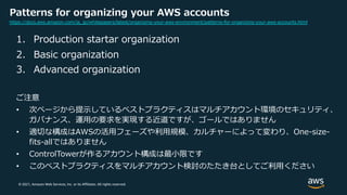 © 2021, Amazon Web Services, Inc. or its Affiliates. All rights reserved.
Patterns for organizing your AWS accounts
1. Production startar organization
2. Basic organization
3. Advanced organization
ご注意
• 次ページから提⽰しているベストプラクティスはマルチアカウント環境のセキュリティ、
ガバナンス、運⽤の要求を実現する近道ですが、ゴールではありません
• 適切な構成はAWSの活⽤フェーズや利⽤規模、カルチャーによって変わり、One-size-
fits-allではありません
• ControlTowerが作るアカウント構成は最⼩限です
• このベストプラクティスをマルチアカウント検討のたたき台としてご利⽤ください
https://docs.aws.amazon.com/ja_jp/whitepapers/latest/organizing-your-aws-environment/patterns-for-organizing-your-aws-accounts.html
 