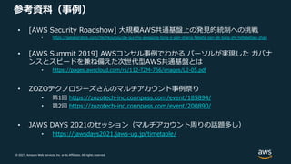 © 2021, Amazon Web Services, Inc. or its Affiliates. All rights reserved.
参考資料（事例）
• [AWS Security Roadshow] ⼤規模AWS共通基盤上の発⾒的統制への挑戦
• https://speakerdeck.com/rtechkouhou/da-gui-mo-awsgong-tong-ji-pan-shang-falsefa-jian-de-tong-zhi-hefalsetiao-zhan
• [AWS Summit 2019] AWSコンサル事例でわかる パーソルが実現した ガバナ
ンスとスピードを兼ね備えた次世代型AWS共通基盤とは
• https://pages.awscloud.com/rs/112-TZM-766/images/L2-05.pdf
• ZOZOテクノロジーズさんのマルチアカウント事例祭り
• 第1回 https://zozotech-inc.connpass.com/event/185894/
• 第2回 https://zozotech-inc.connpass.com/event/200890/
• JAWS DAYS 2021のセッション（マルチアカウント周りの話題多し）
• https://jawsdays2021.jaws-ug.jp/timetable/
 