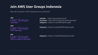 Join AWS User Groups Indonesia
Meet with thousands of AWS enthusiasts around Indonesia!
AWS
User Groups
Indonesia
AWS User Groups
AWS
User Groups
PHP Indonesia
AWS
User Groups
Data & Analytics Indonesia
website : https://awsusergroup.id/
facebook : https://fb.com/groups/awsindonesia/
telegram : https://t.me/AWSUserGroupID
telegram : https://t.me/AWSPHPUserGroupID
telegram : https://t.me/AWSDataUserGroupID
 