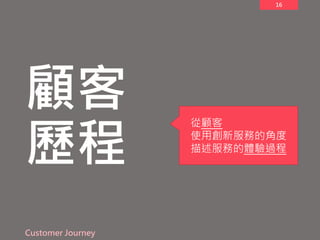 16
顧客
歷程
Customer Journey
從顧客
使用創新服務的角度
描述服務的體驗過程
 