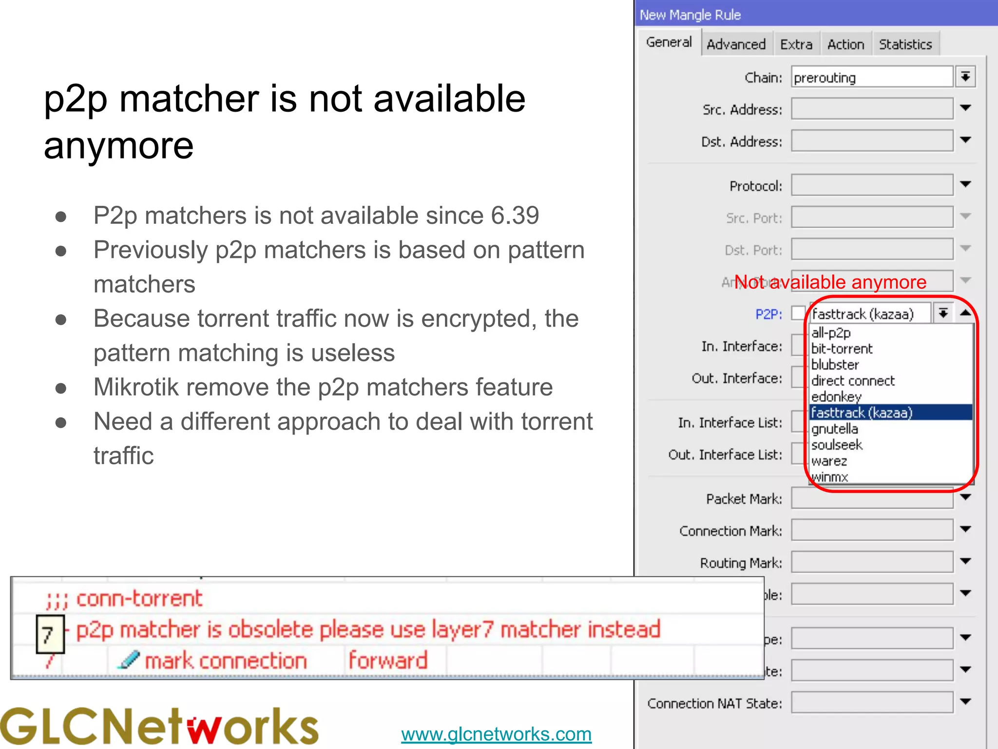 www.glcnetworks.com
p2p matcher is not available
anymore
● P2p matchers is not available since 6.39
● Previously p2p matchers is based on pattern
matchers
● Because torrent traffic now is encrypted, the
pattern matching is useless
● Mikrotik remove the p2p matchers feature
● Need a different approach to deal with torrent
traffic
29
Not available anymore
 