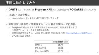 • DARTS [Liu+, ICLRʼ19] vs ProxylessNAS [Cai+, ICLRʼ20] vs PC-DARTS [Xu+, ICLRʼ20]
• ImageNet50で検証
• ImageNetからランダムに50クラスをサンプリング
• 実験設定は基本的に原著論⽂もしくは著者公開コードに準拠
• ProxylessNASだけうまく探索が進まなかったため，初期学習率および
そのスケジューリングなど調整しました
• 探索の⾼速化のために，Mixed-Precision Trainingを利⽤（https://github.com/NVIDIA/apex）
• GPUはA6000を使⽤
47
実際に動かしてみた
Test error rate
DARTS 14.77
PC-DARTS 12.84
ProxylessNAS 10.76
 