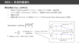 MnasNet [Tan+, CVPRʼ19]
1. RNNからCNN modelをサンプルし，対象タスクで訓練，性能評価
2. モバイル器上（Pixel Phone）で実⾏し，推論時のlatencyを実際に取得
3. 報酬を計算
4. 報酬を最⼤化するようにRNNのパラメータをProximal Policy Optimizationで更新
50
NAS + 多⽬的最適化
e,E4f0(g) = hii(g) N
jhk g
k
0
g = h
Y, -L ijk(() ≤ k
m, "nℎ/pg-q/
k = 80(q, Y = m = −0.07 を論⽂では使⽤
wはlatencyに関する制約
 