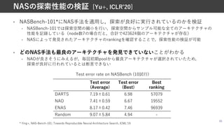 • NASBench-101*にNAS⼿法を適⽤し，探索が良好に実⾏されているのかを検証
• NASBench-101では探索空間の縮⼩を⾏い，探索空間からサンプル可能な全てのアーキテクチャの
性能を記録している（node数7の場合だと，合計で423624個のアーキテクチャが存在）
• NASによって発⾒されたアーキテクチャのrankingを確認することで，探索性能の検証が可能
• どのNAS⼿法も最良のアーキテクチャを発⾒できていないことがわかる
• NAOが良さそうにみえるが，毎回初期poolから最良アーキテクチャが選択されていたため，
探索が良好に⾏われているとは断⾔できない
61
NASの探索性能の検証
Test error
(Average)
Test error
(Best)
Best
ranking
DARTS 7.19±0.61 6.98 57079
NAO 7.41±0.59 6.67 19552
ENAS 8.17±0.42 7.46 96939
Random 9.07±5.84 4.94 -
Test error rate on NASBench (10試⾏)
* Ying+, NAS-Bench-101: Towards Reproducible Neural Architecture Search, ICMLʻ19
[Yu+, ICLRʼ20]
 