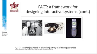 PACT: a framework for
designing interactive systems (cont.)
Figure 2.2 The changing nature of telephoning activity as technology advances
Source: Press Association Images; Susanna Price/DK Images; Mike van der Wolk/Pearson Education Ltd.
 
