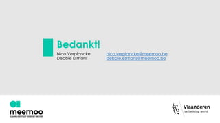 Bedankt!
Nico Verplancke nico.verplancke@meemoo.be
Debbie Esmans debbie.esmans@meemoo.be
 