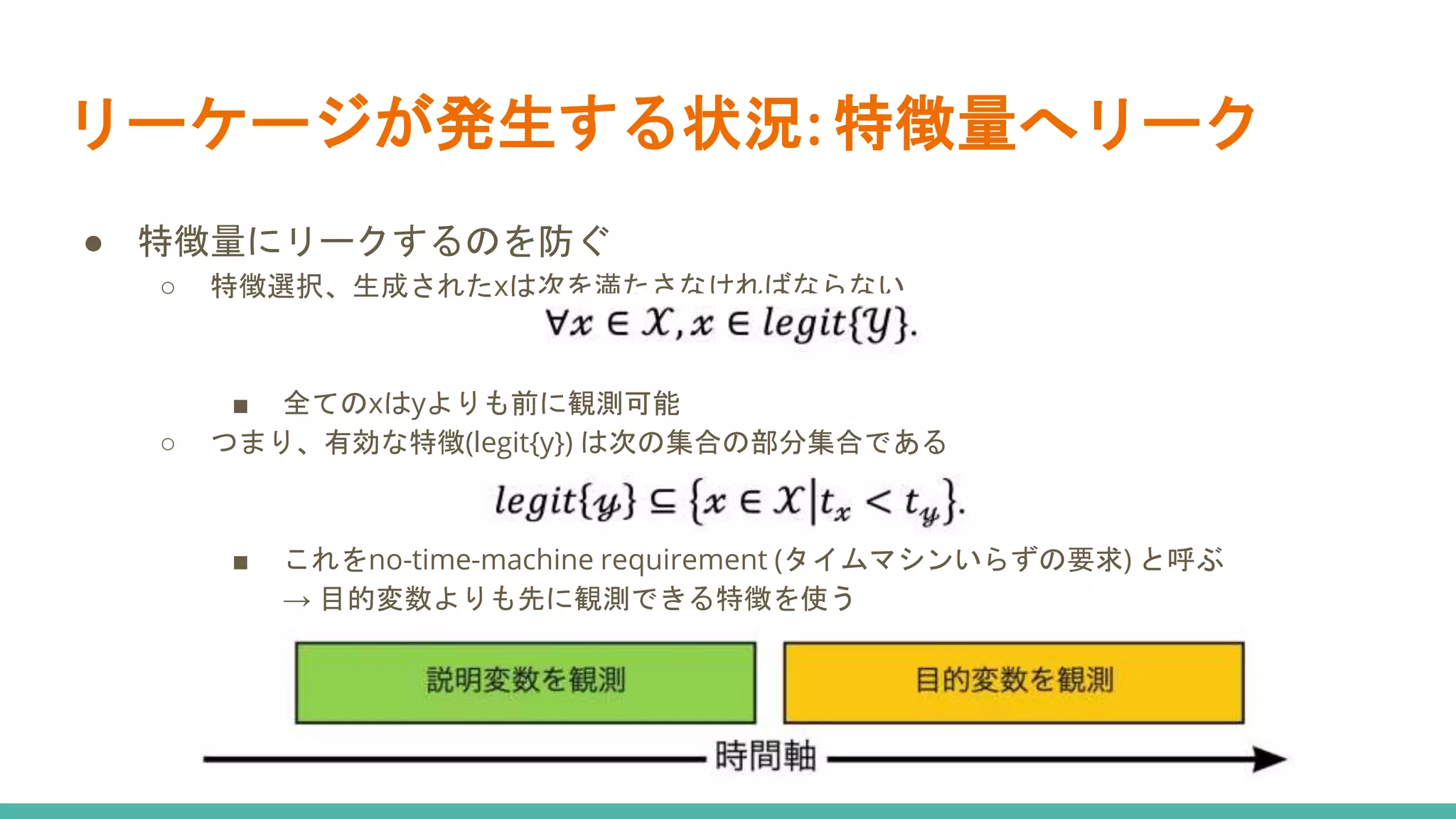 リーケージが発生する状況: 特徴量へリーク
● 特徴量にリークするのを防ぐ
○ 特徴選択、生成されたxは次を満たさなければならない
■ 全てのxはyよりも前に観測可能
○ つまり、有効な特徴(legit{y}) は次の集合の部分集合である
■ これをno-time-machine requirement (タイムマシンいらずの要求) と呼ぶ
→ 目的変数よりも先に観測できる特徴を使う
 