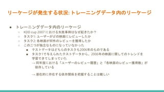リーケージが発生する状況: トレーニングデータ内のリーケージ
● トレーニングデータ内のリーケージ
○ KDD cup 2007 における失敗事例はなぜ起きたか？
○ タスク1: ユーザーがどの映画にレビューしたか
○ タスク2: 各映画が何件のレビューを獲得したか
○ この二つが独立なものになっていなかった
■ テストデータはどちらのタスクも2006年のものである
■ タスク1で与えられたテストデータから、2006年の映画に関してのトレンドを
学習できてしまっていた
→ 同年度における「ユーザーのレビュー履歴」と「各映画のレビュー獲得数」が
依存している
→ 潜在的に存在する依存関係を把握することは難しい
 